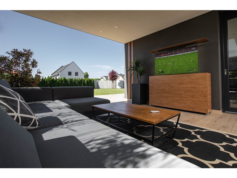 Outdoor TV lift cabinet - compact laminate in wood decor