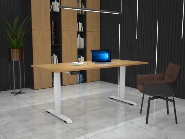 Hight-adjustable table with table top in Egger Corbridge oak - 1800 x 800 mm, white base