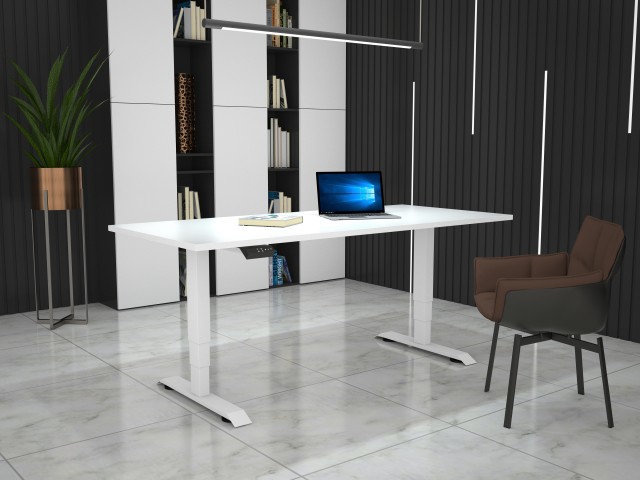 Hight-adjustable table with table top in Egger Premium decor white - 1600 x 800 mm, white base