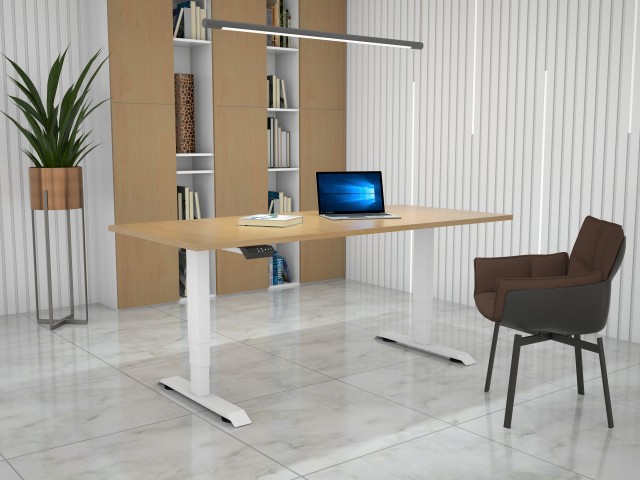 Hight-adjustable table with table top in Egger Ellmau beech - 1800 x 800 mm, white base